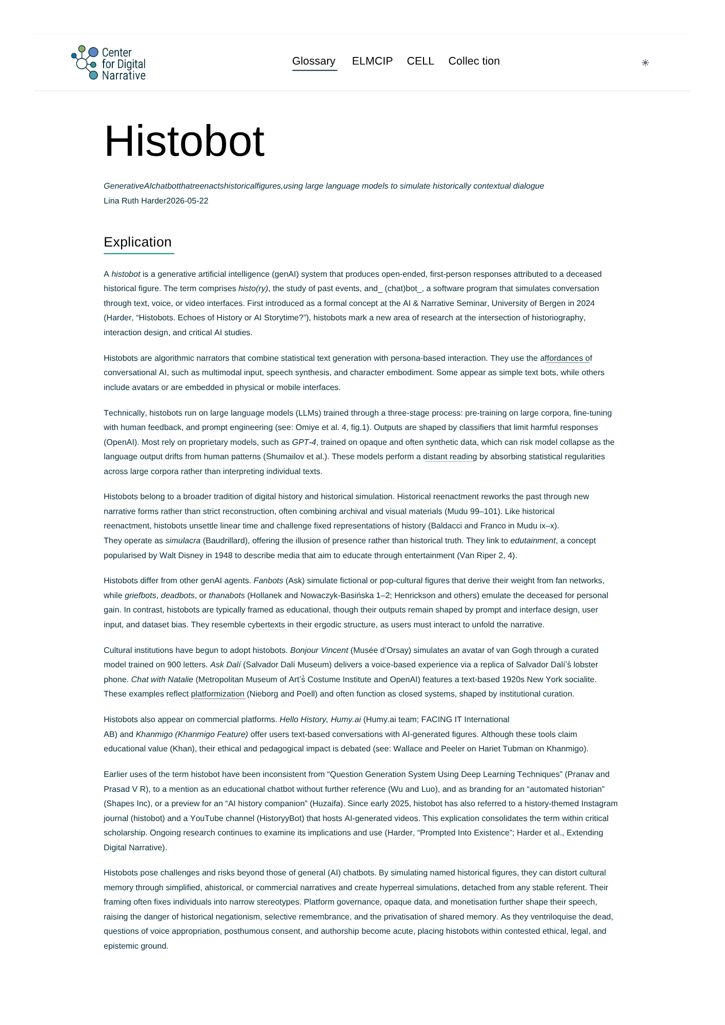 Histobot Living Glossary of Digital Narrative entry image